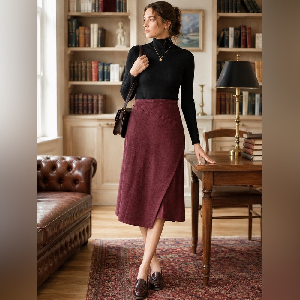 Wool Blend Wrap Skirt Burgundy L Asymmetric